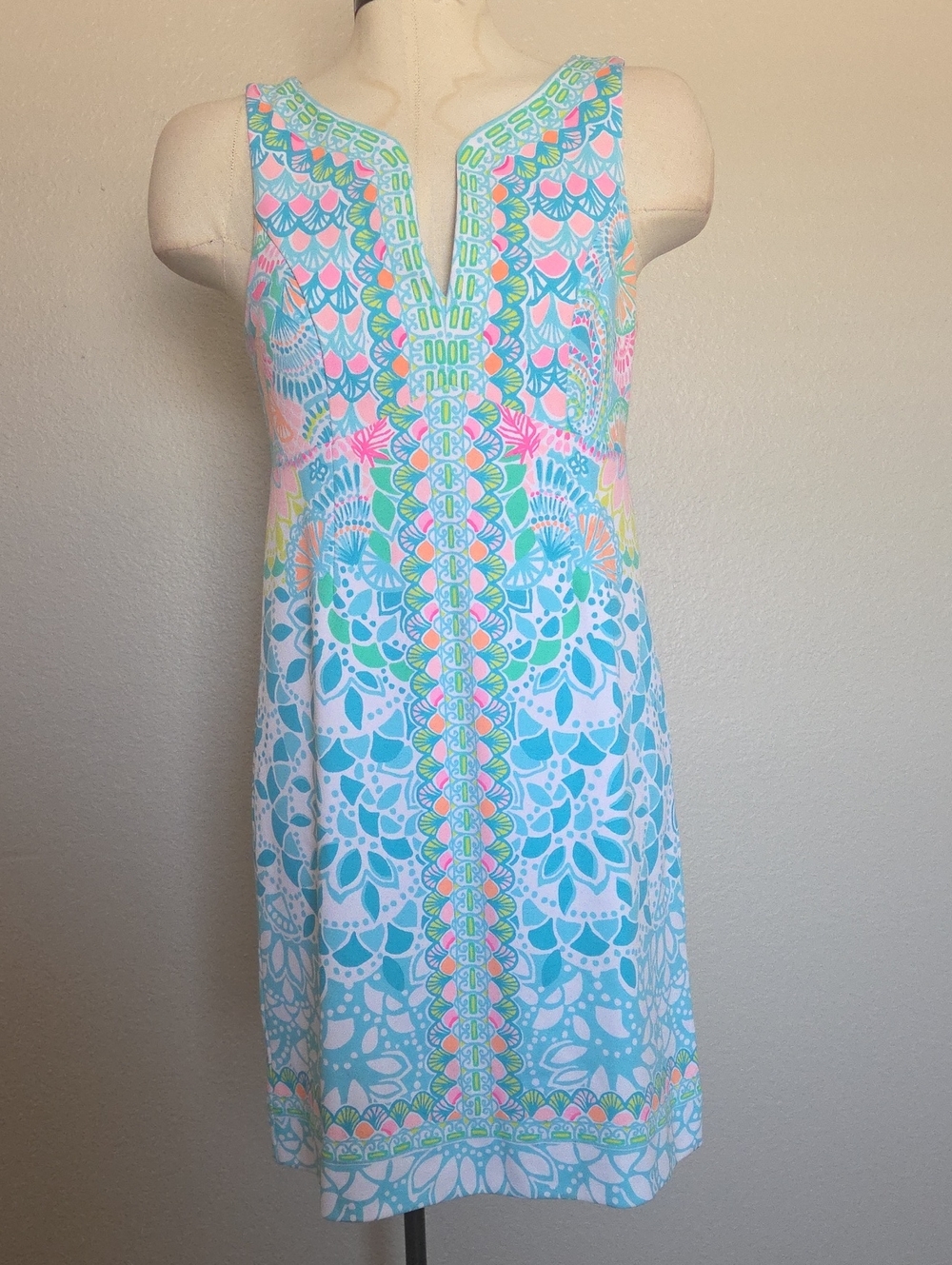 Lilly Pulitzer Turquoise, Pink & Lime Patterned V-Neck Shift Dress